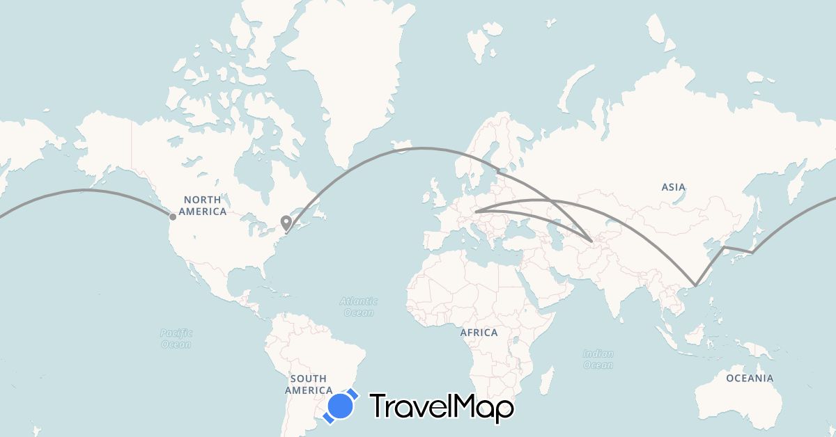 TravelMap itinerary: driving, plane in China, Estonia, Finland, Iceland, Japan, South Korea, Mongolia, United States, Uzbekistan (Asia, Europe, North America)